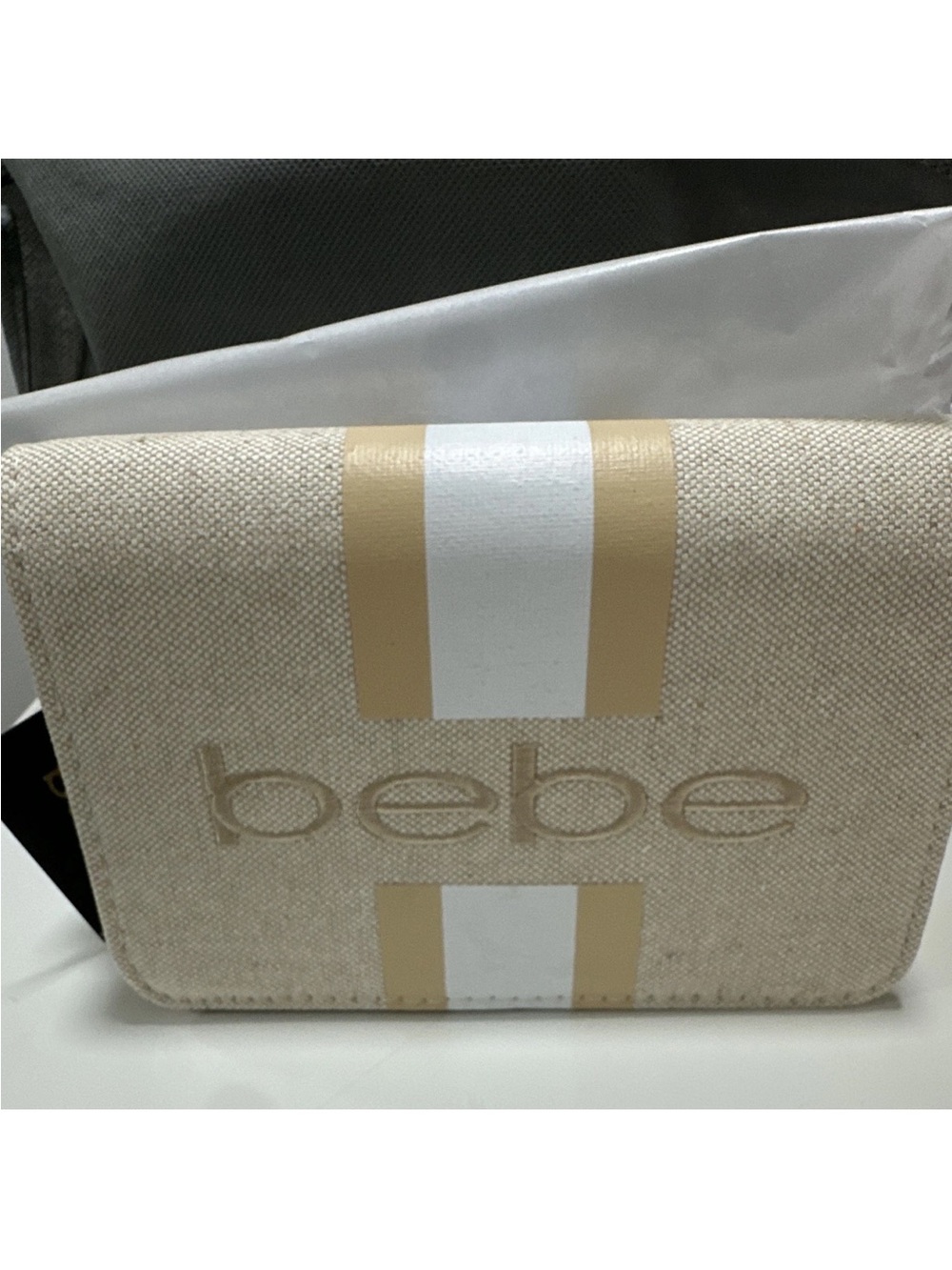 bebe Beige Canvas Crossbody with White and Tan Stripe